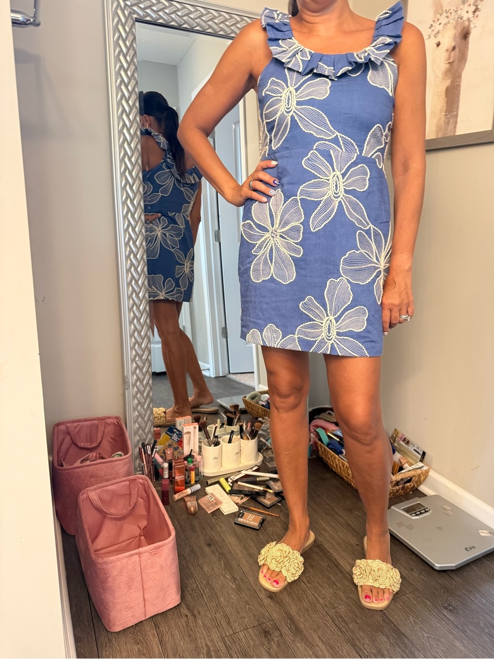 LOFT Blue Floral Ruffle-Shoulder Shift Dress